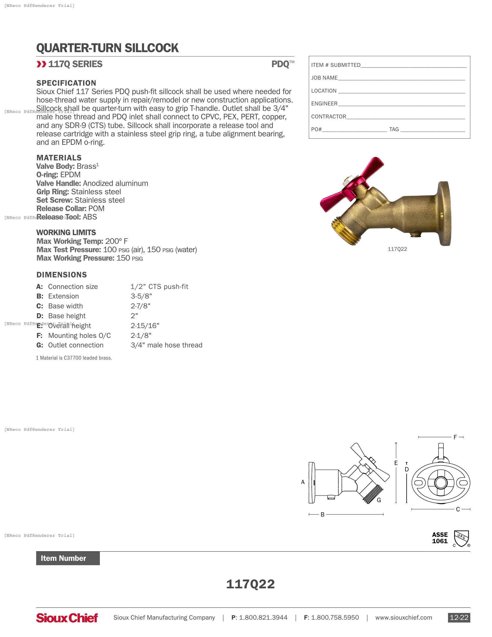 117Q SERIES - QUARTER-TURN SILLCOCK - SPEC SHEET.PDF Specification Document